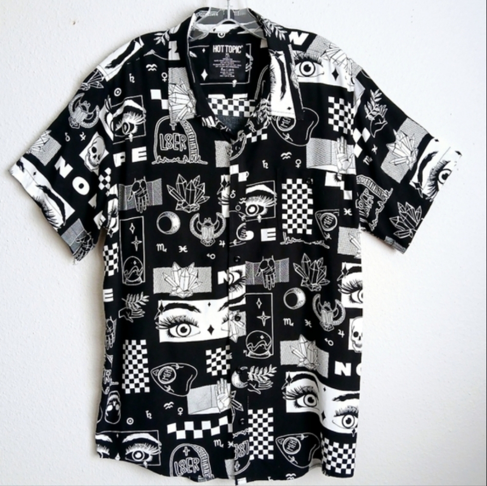 Hot Topic Shirt Mens Size XL Black & White Nope Short Sleeve Button Up